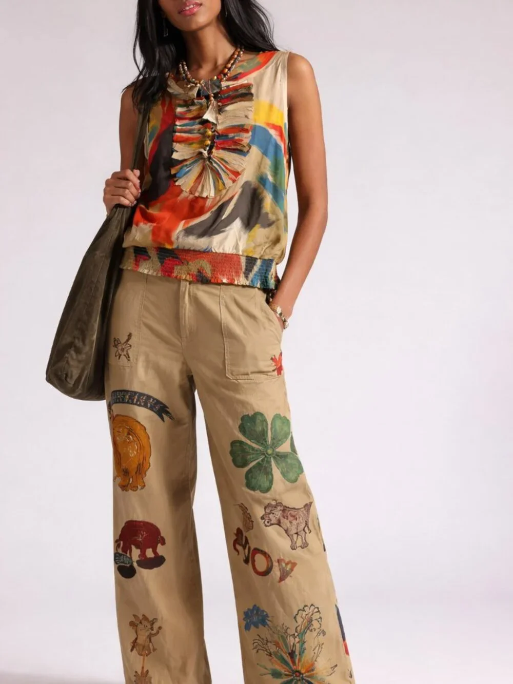 Silk Printed Brushstroke Blouse w/ Ruffle Neck Detail (0328) - Picture 1 of 5
